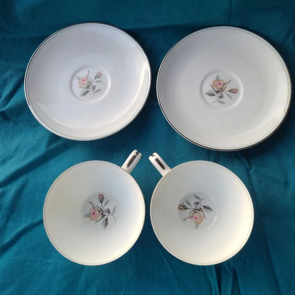 Noritake Margot 5605 Tea Cups Saucers Set of 2 White Pink Rose MCM Vintage Japan